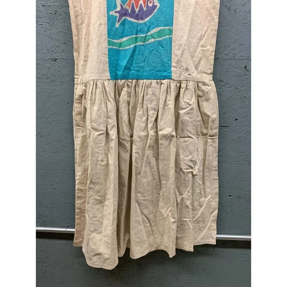 Handmade Women's Boho Dress S/M Natural Cotton Landscape Print Sleeveless Rustic